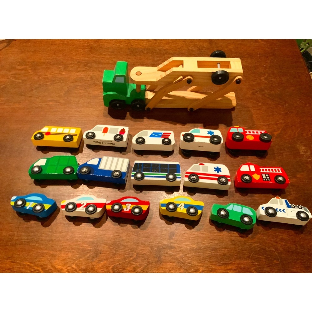 16 cars + Wooden Car Carrier, race car, bus, fire truck